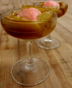 Caramelized Bananas with Raspberry Sorbet