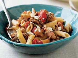 Penne with Sausage, Eggplant, and Feta